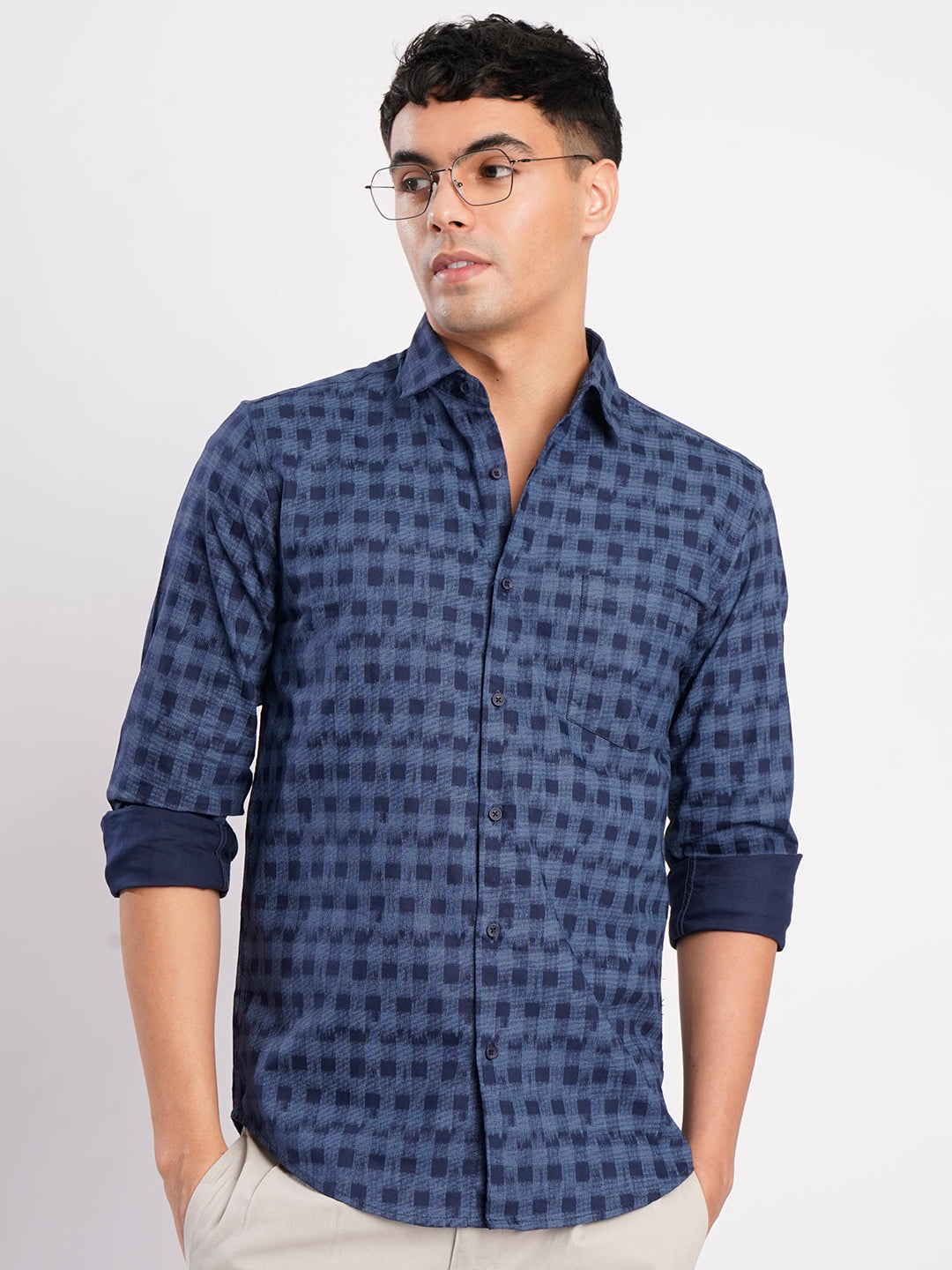 Men Blue Checked Single Pocket Shirt