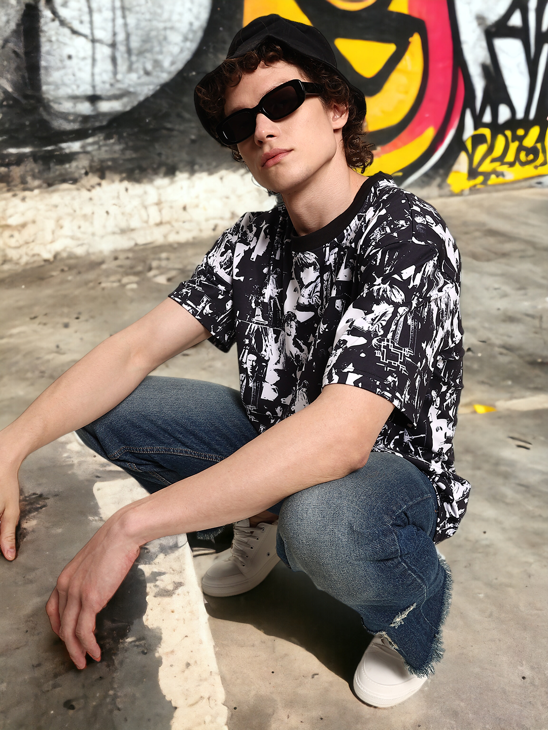 Men White/Black All over Printed Oversized T Shirt