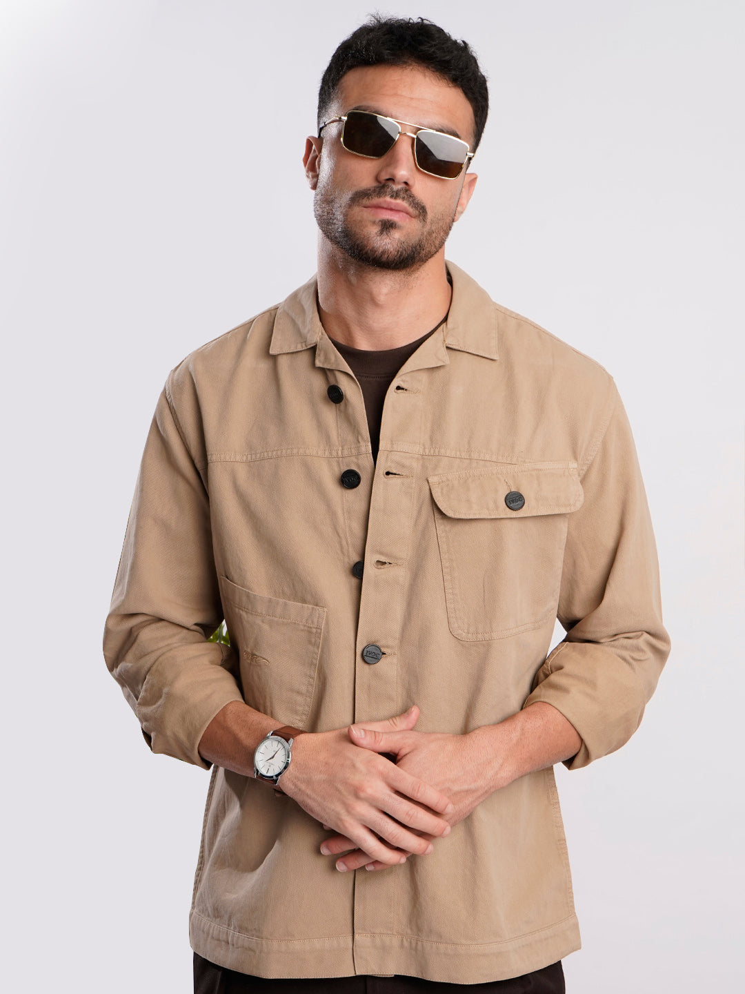 Men Beige Double Pocket Shacket