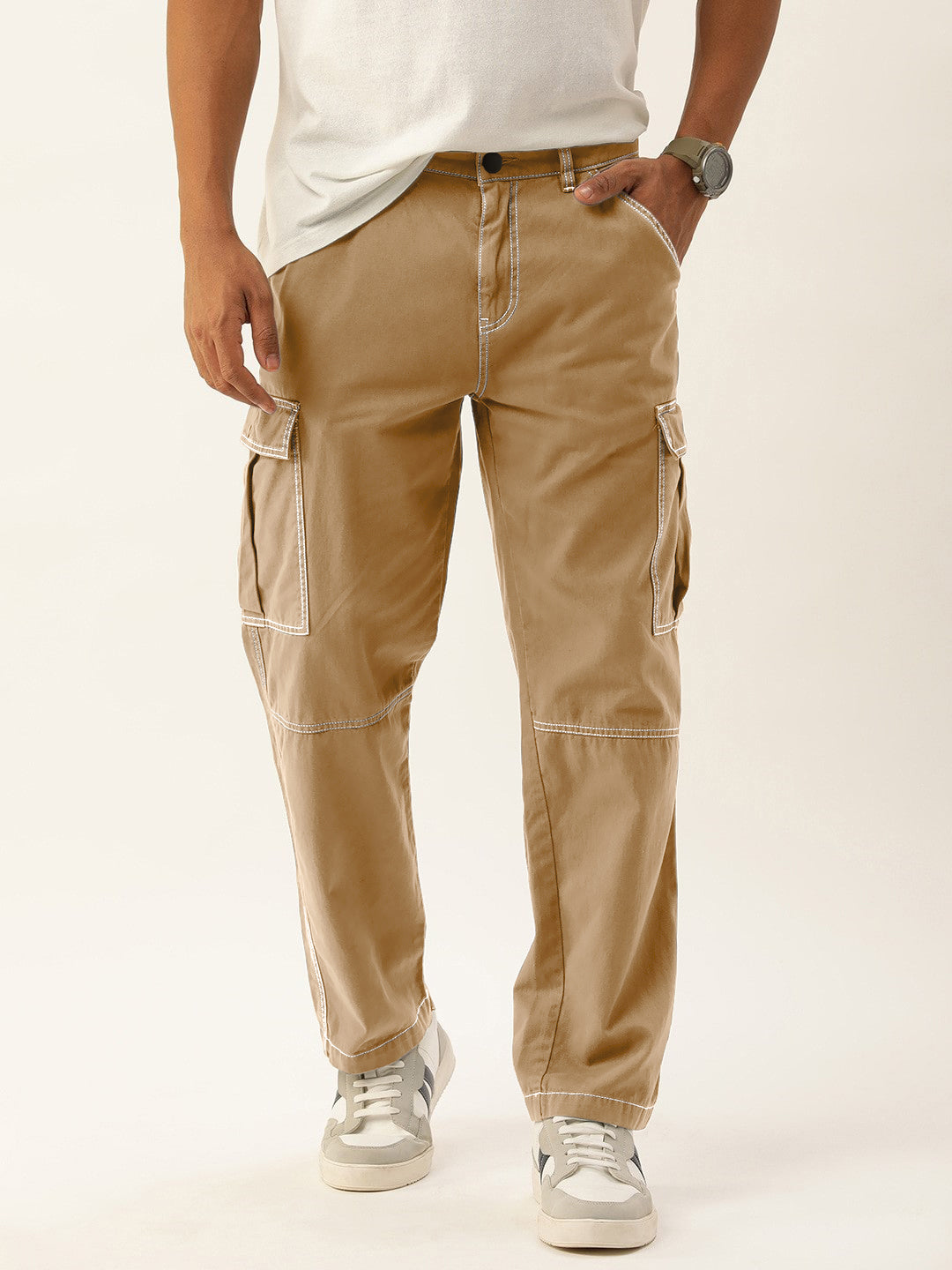 Men Ivory Beige Overdyed Relaxed Fit Solid Cargo Trouser with Contrast Stitch