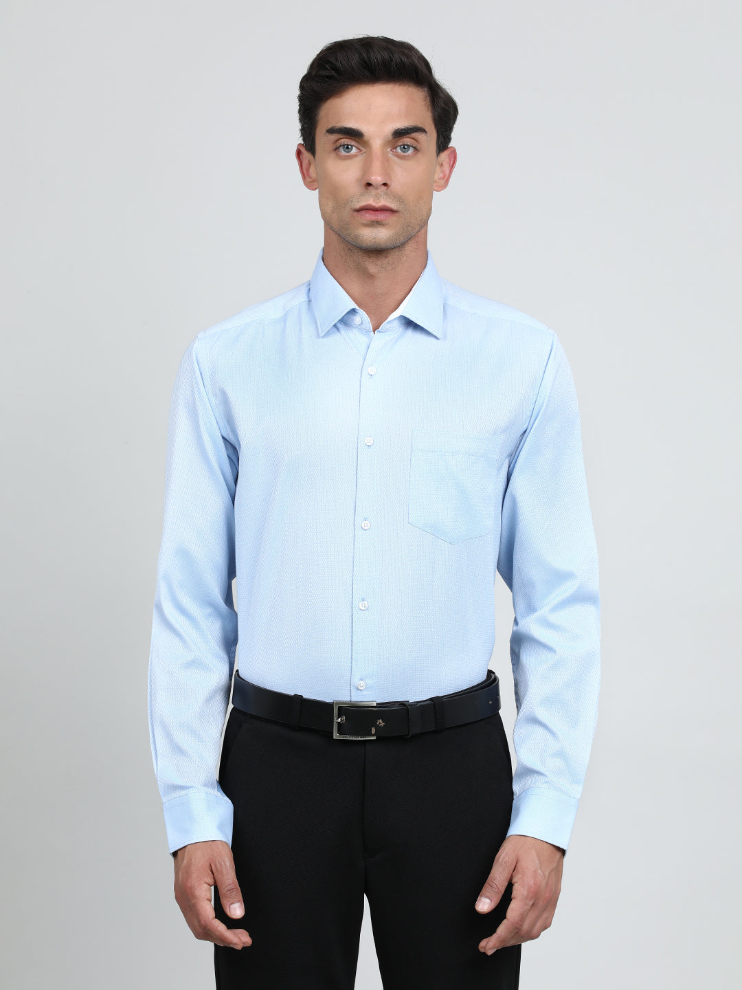 Men Sky Blue Regular Fit Textured Poly Cotton Formal Shirt