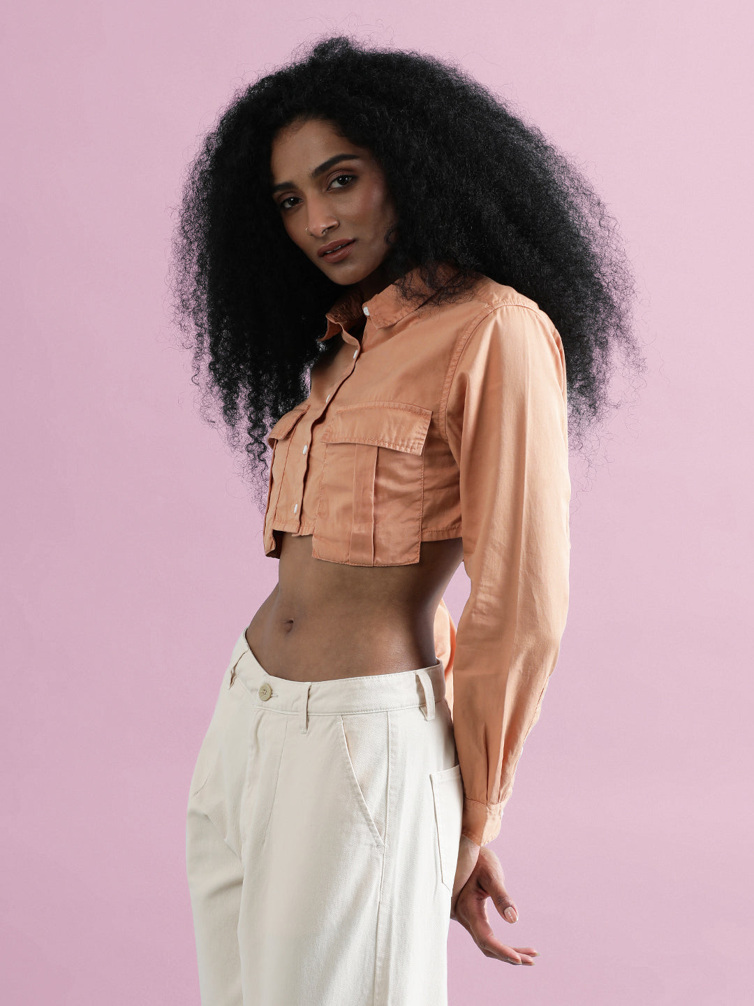 Regular Fit Cropped Casual Shirt With Double Pocket