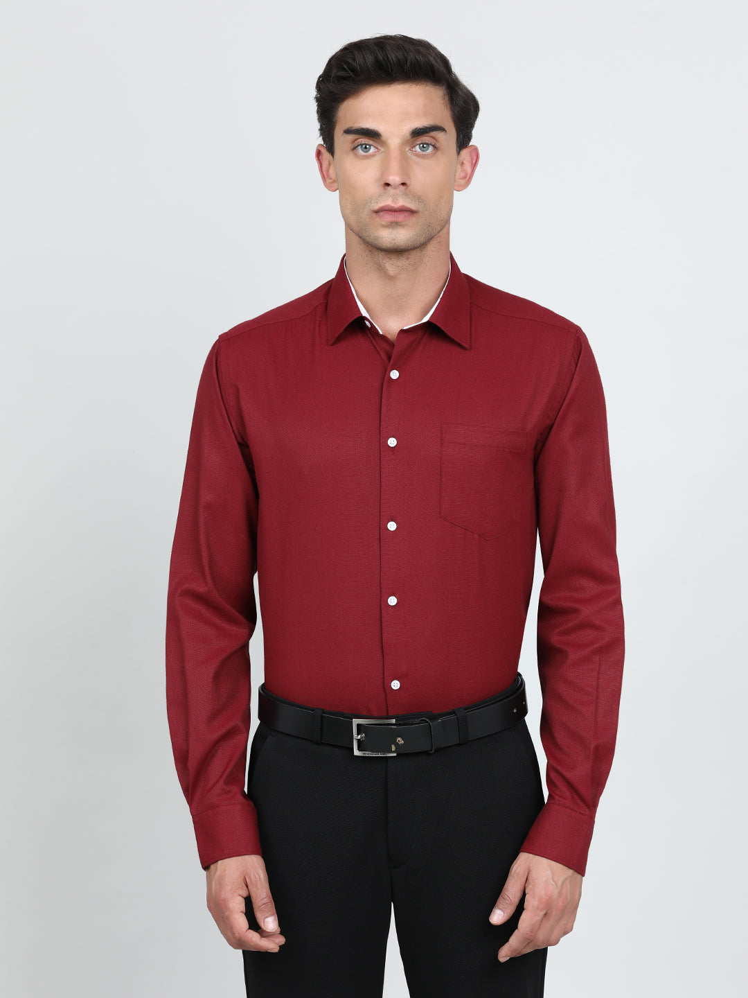 Men Maroon Regular Fit Textured Poly Cotton Formal Shirt