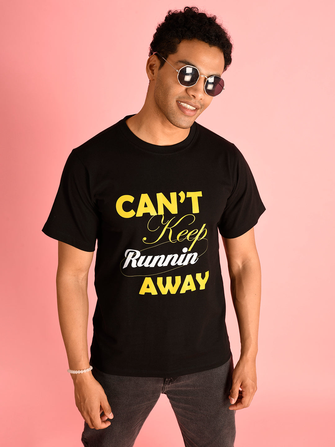 Men Regular Fit Black T-Shirts - Can't Keep Runnin Away