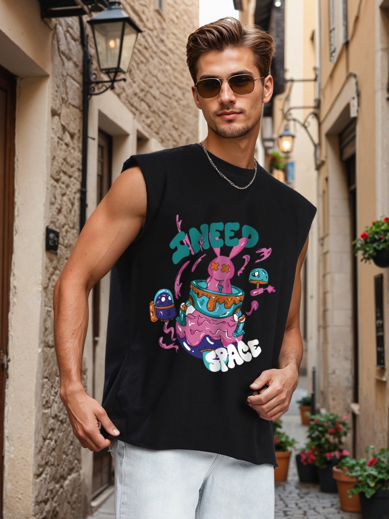 Men Black Sleeveless Graphic Oversized T Shirt
