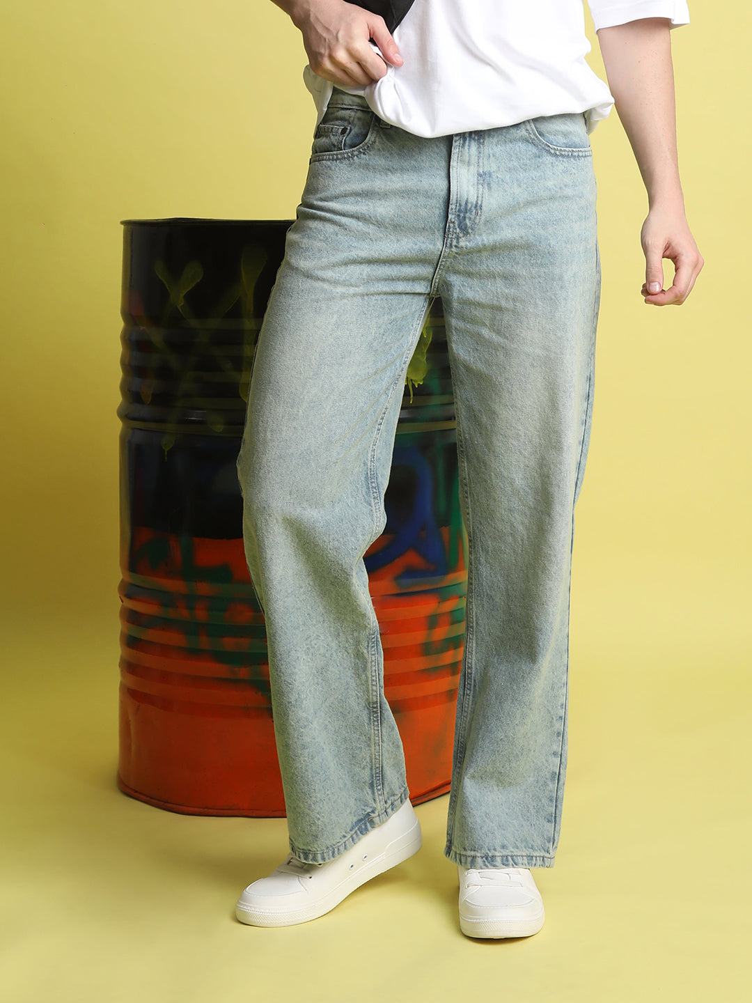 Men Light Shade Tinted Wide Leg Jeans