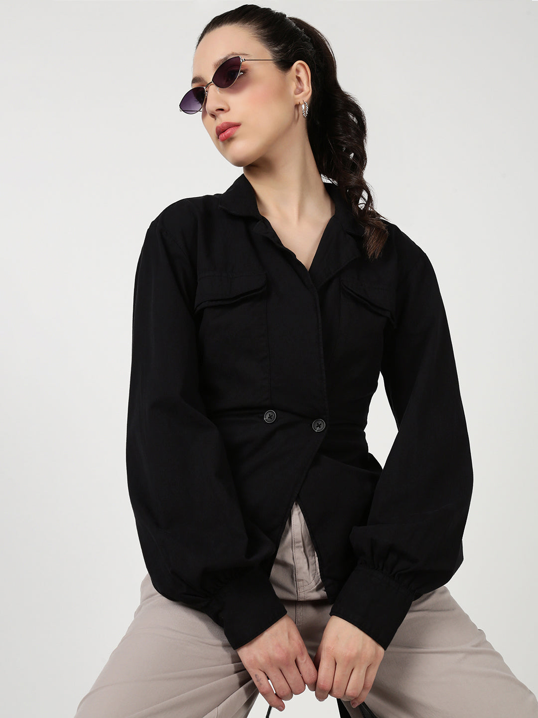 Women Classic Bishop Sleeve Black Casual Shirt
