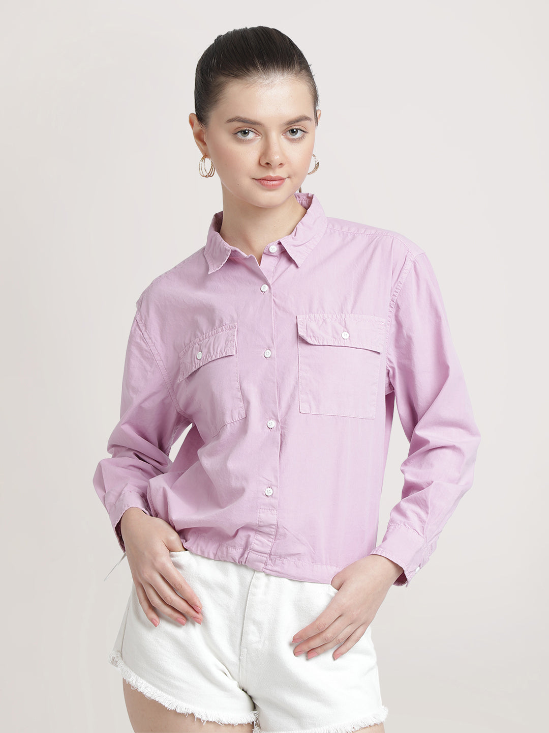 Women Soft Lilac Overdyed Cotton Boxy Fit Solid Casual Shirt