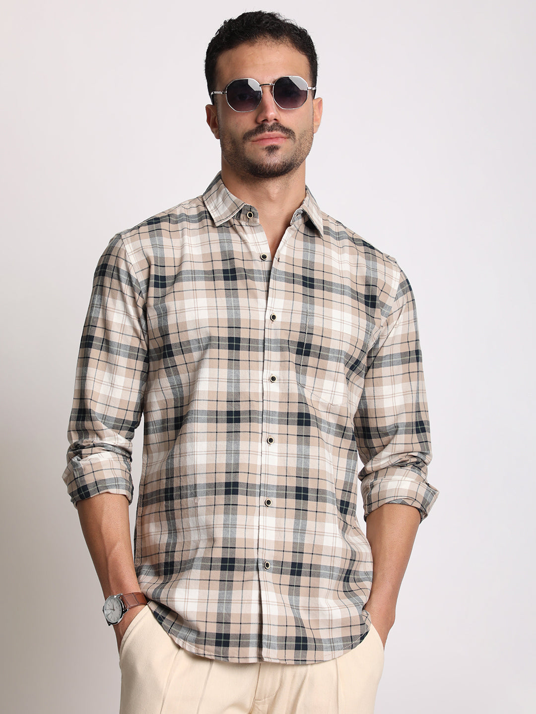 Men Beige and Black Checked Single Pocket Shirt
