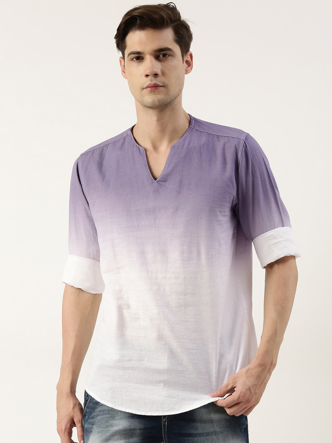 Men White/Smoky Purple Slim Fit Solid Ombre Kurta