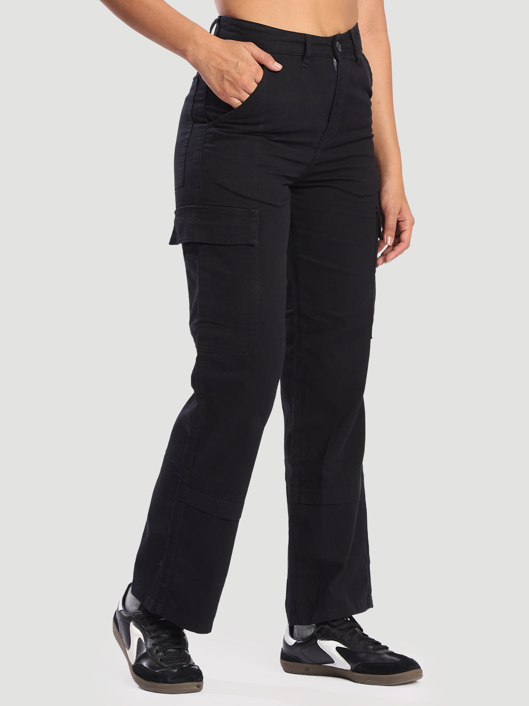 Women Black Straight Fit Pure Cotton Cargo Trousers