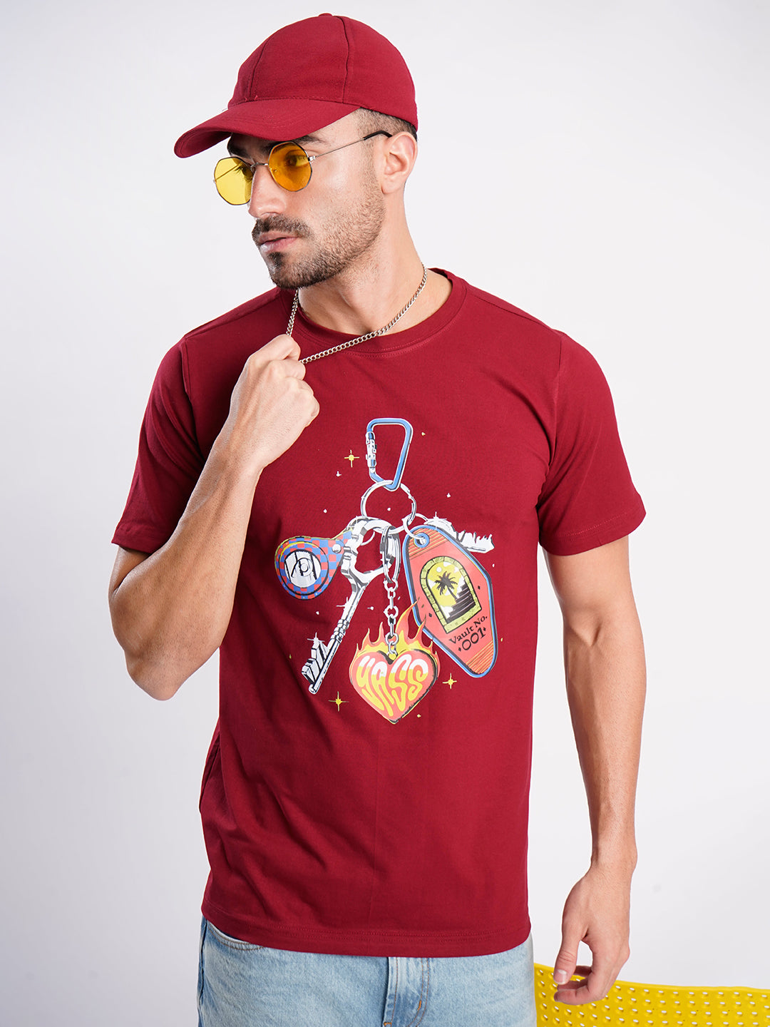 Men Maroon Cotton Lycra Graphic Print T Shirt