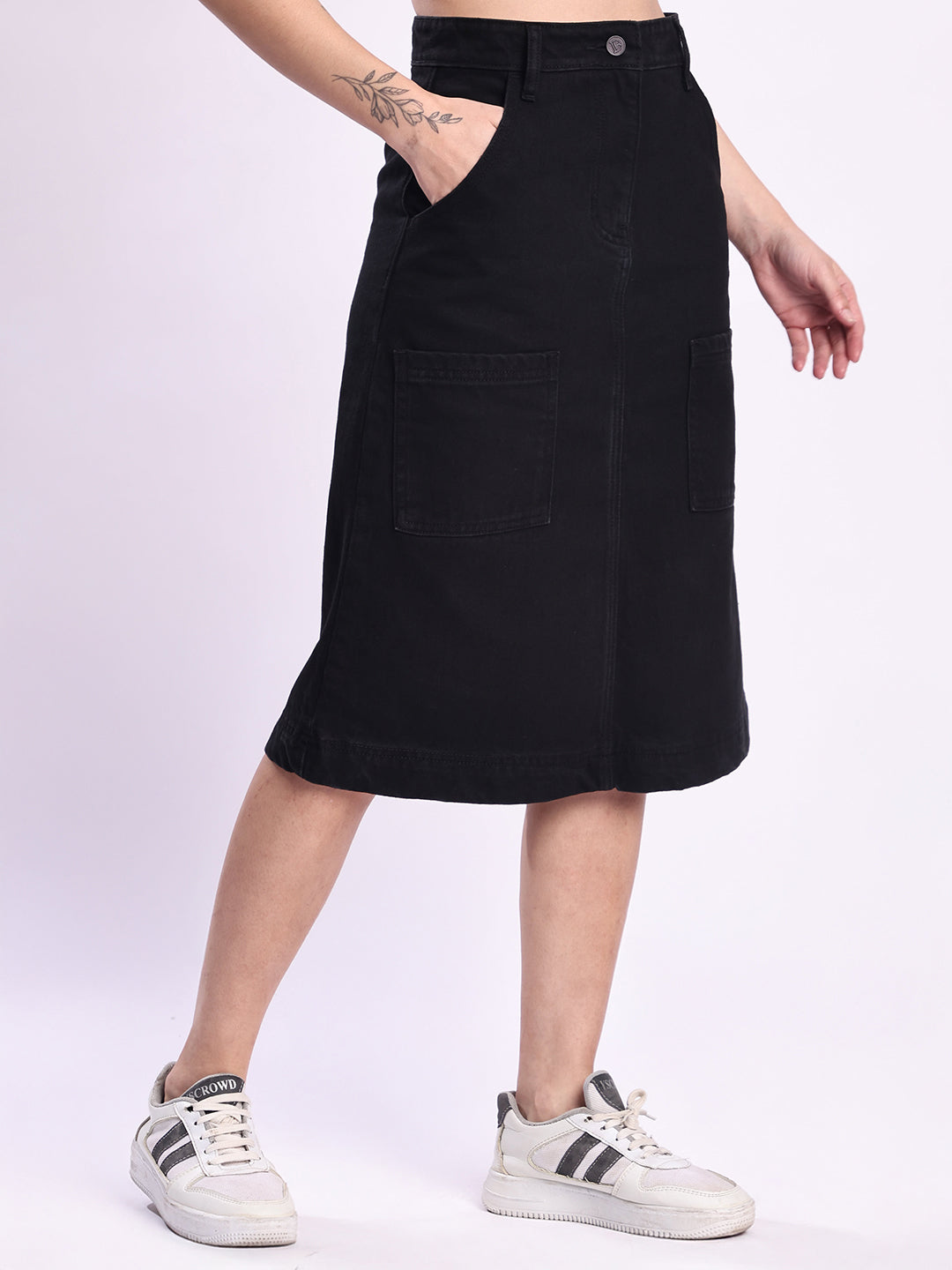 Women Black A-Line Cargo Denim Skirt