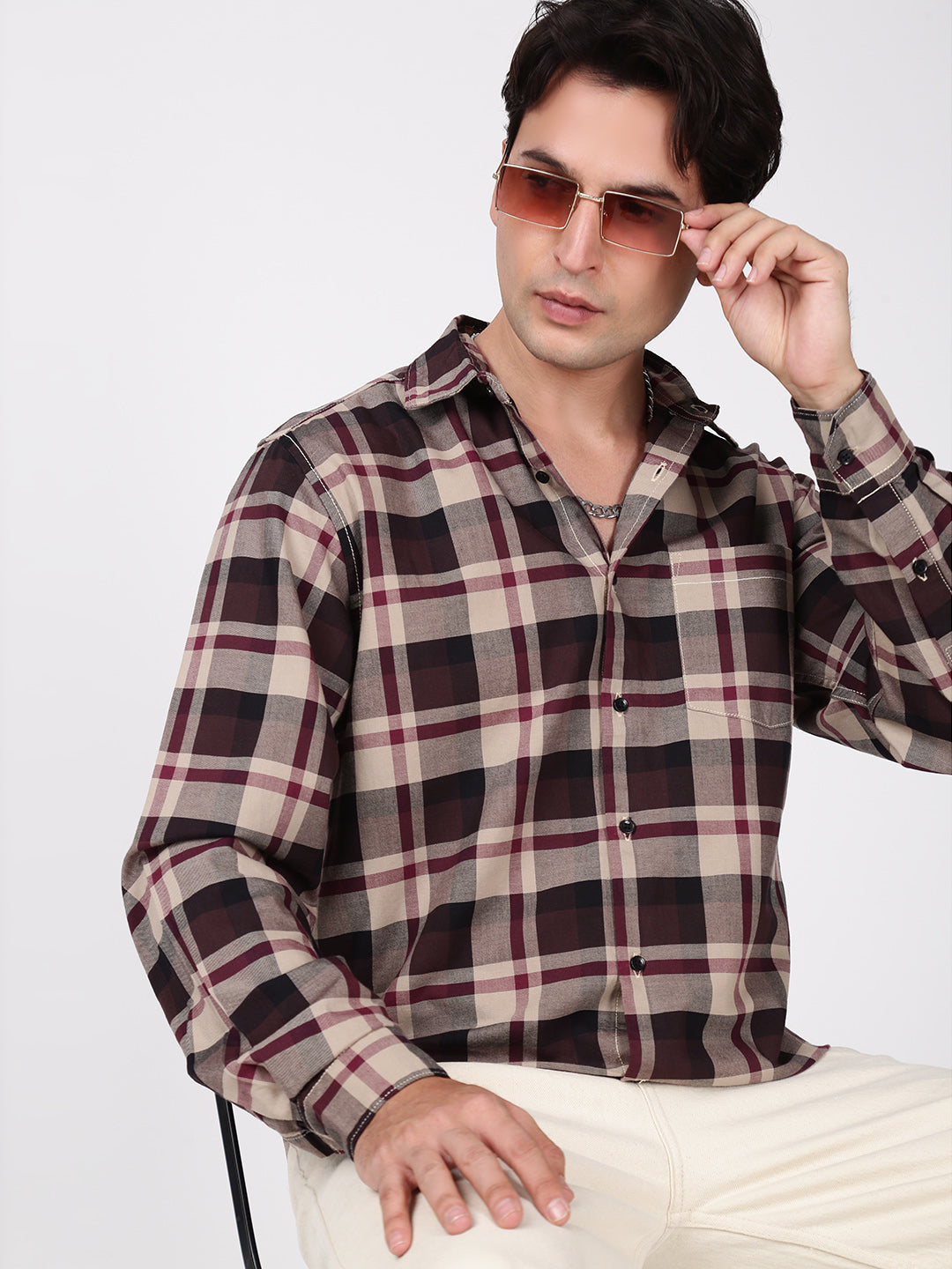 Men Green and Grey Checked Single Pocket Shirt