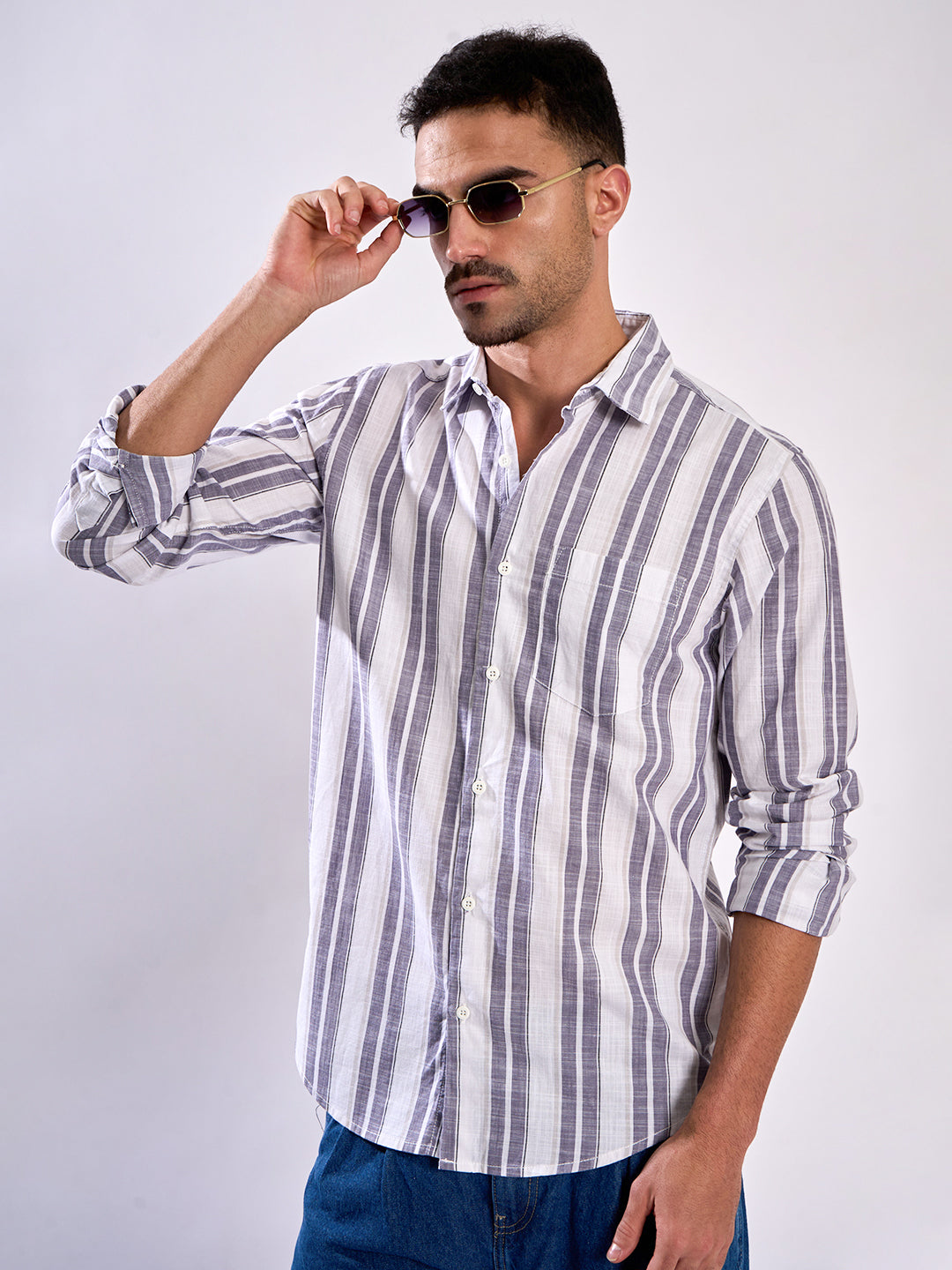 Men Purple and White Striped Single Pocket Shirt
