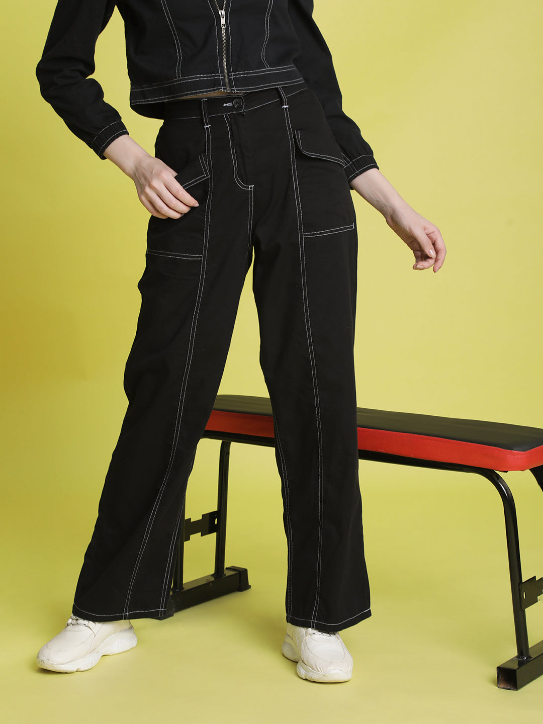 Women Black Contrast stitch Trouser