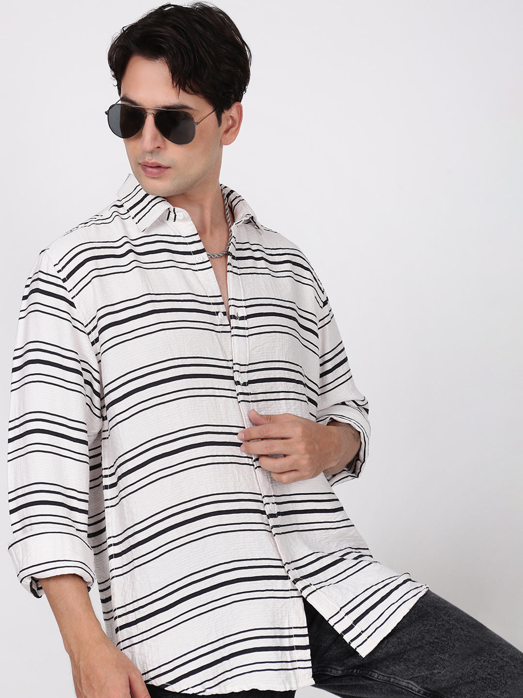 Men White and Black Horizonatal Striped Shirt