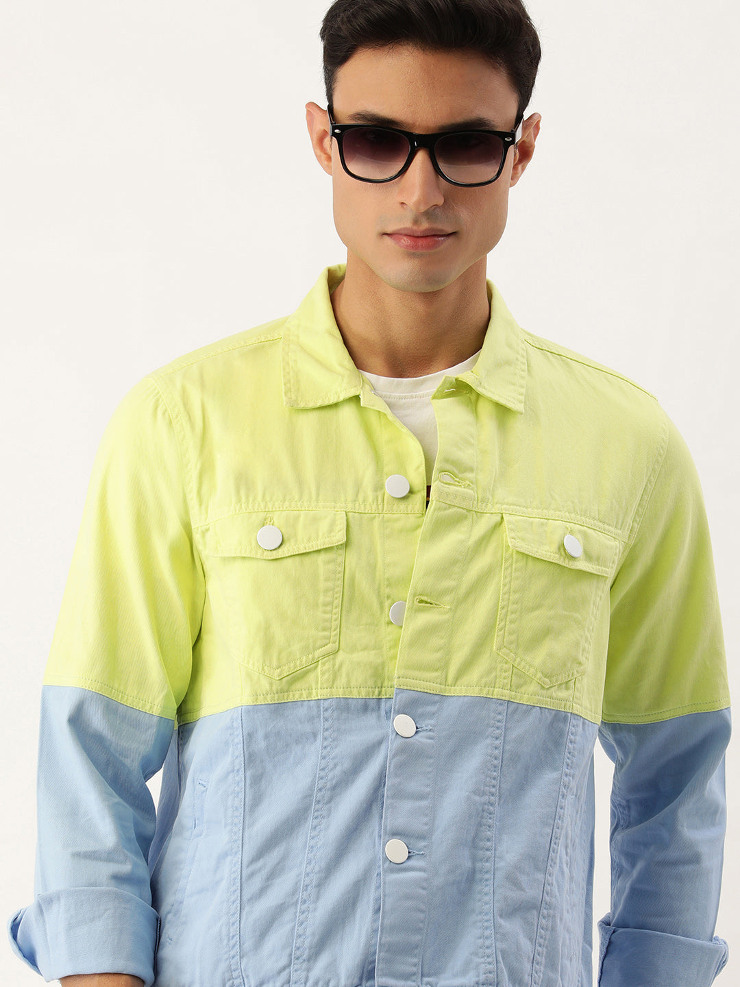 Men Neon Yellow/Cerulean Blue Slim Fit Colour Block Jacket