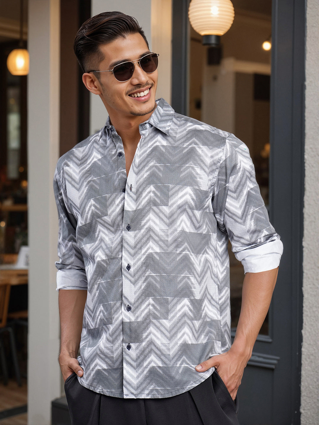 Men Grey and White Abstract printed Shirt