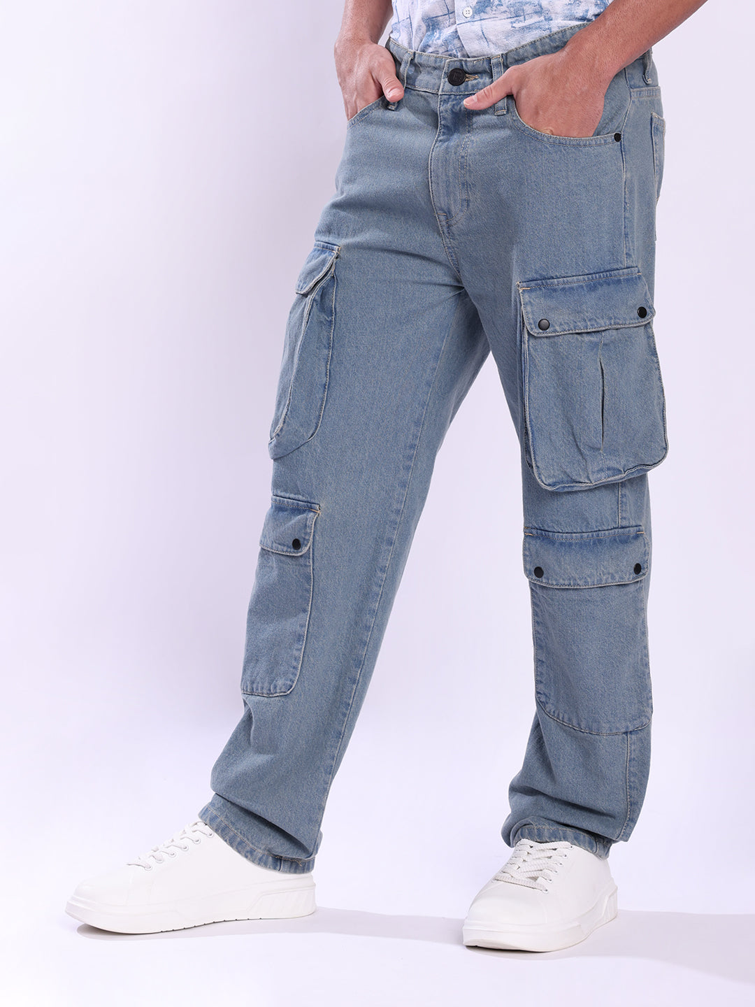 Men Blue Multi-Cargo Pocket Relax Fit Jeans