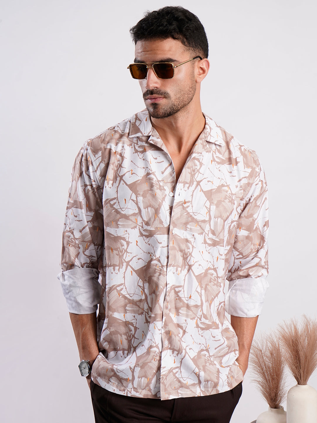 Men Brown and White Abstract Print Shirt