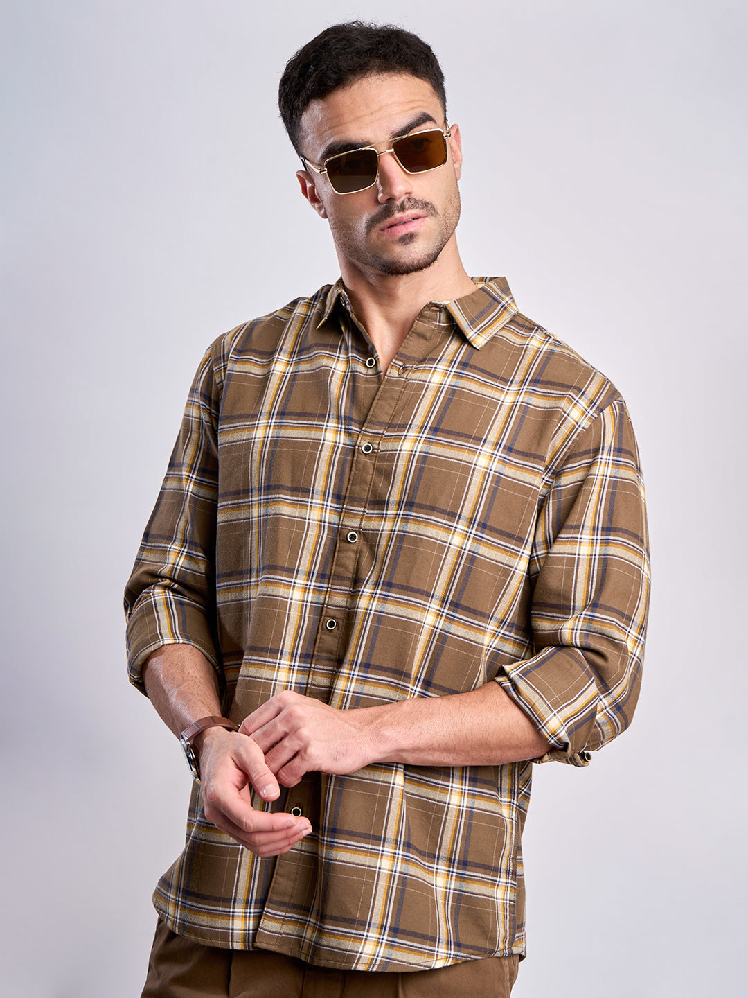 Men Brown Checked Relax Fit Casual Shirt