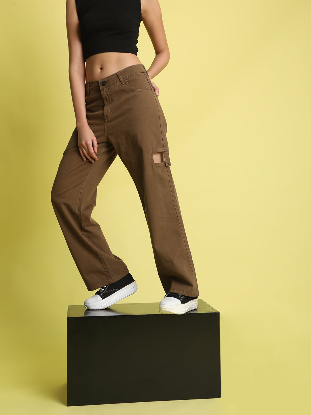 Women Brown Sustainable Trouser with Cutout Detailing