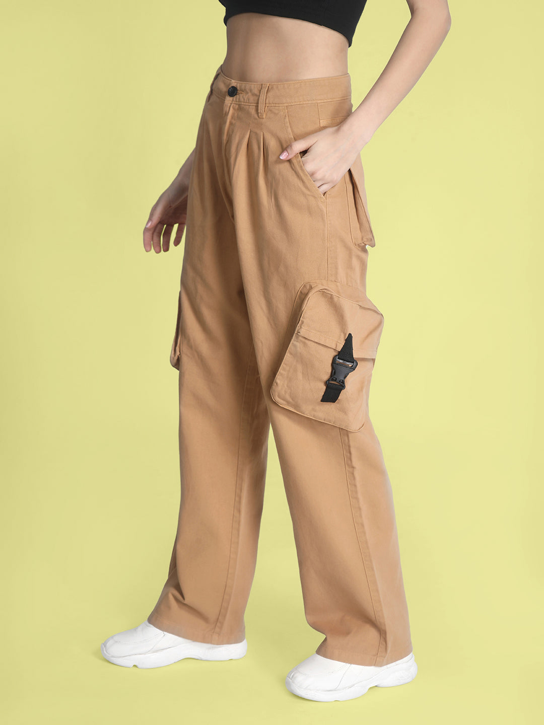 Women Straight Fit Cargo Trouser With Buckle Detailing