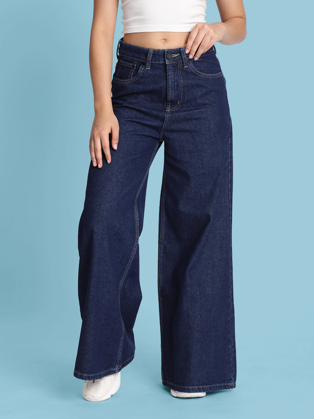 Women Dark Blue Super Wide-Leg Jeans