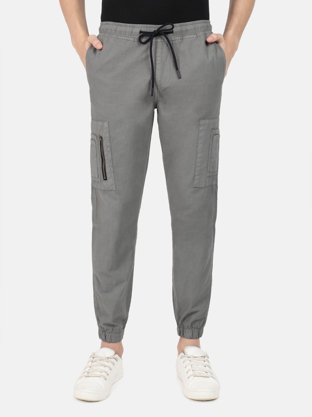 Men Light Grey Regular Fit Solid Cargo Jogger