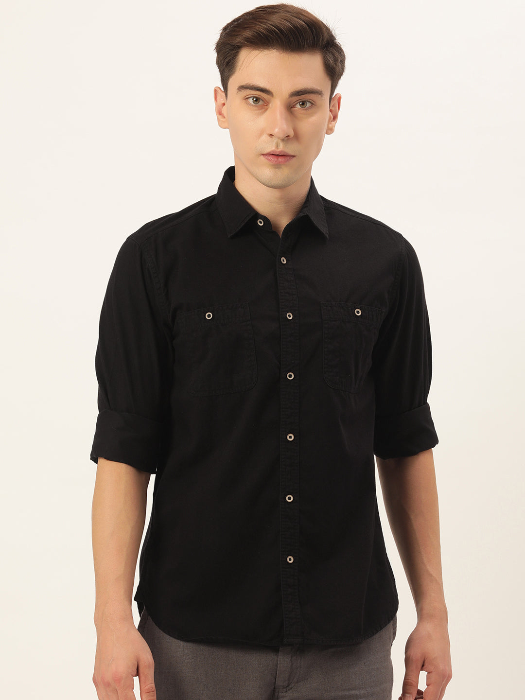 Men Black Regular Fit Solid Casual Shirt