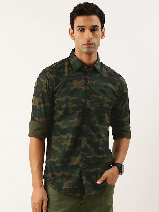 Men Olive Slim Fit Camouflage Casual Shirt