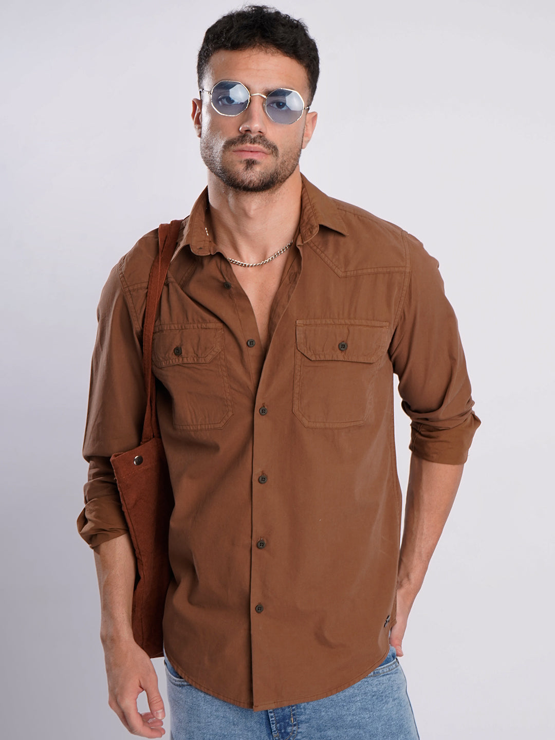Men Brown Double Pocket Full sleeve shirt