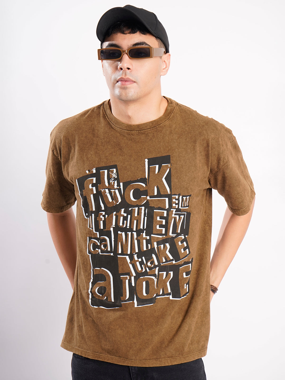 Men Brown Acid Wash Graphic T Shirt