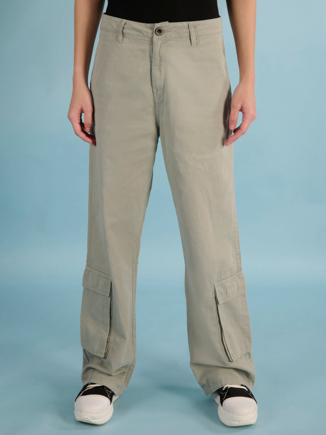 Women Grey Classic Straight Fit Cotton High-Rise Cargos