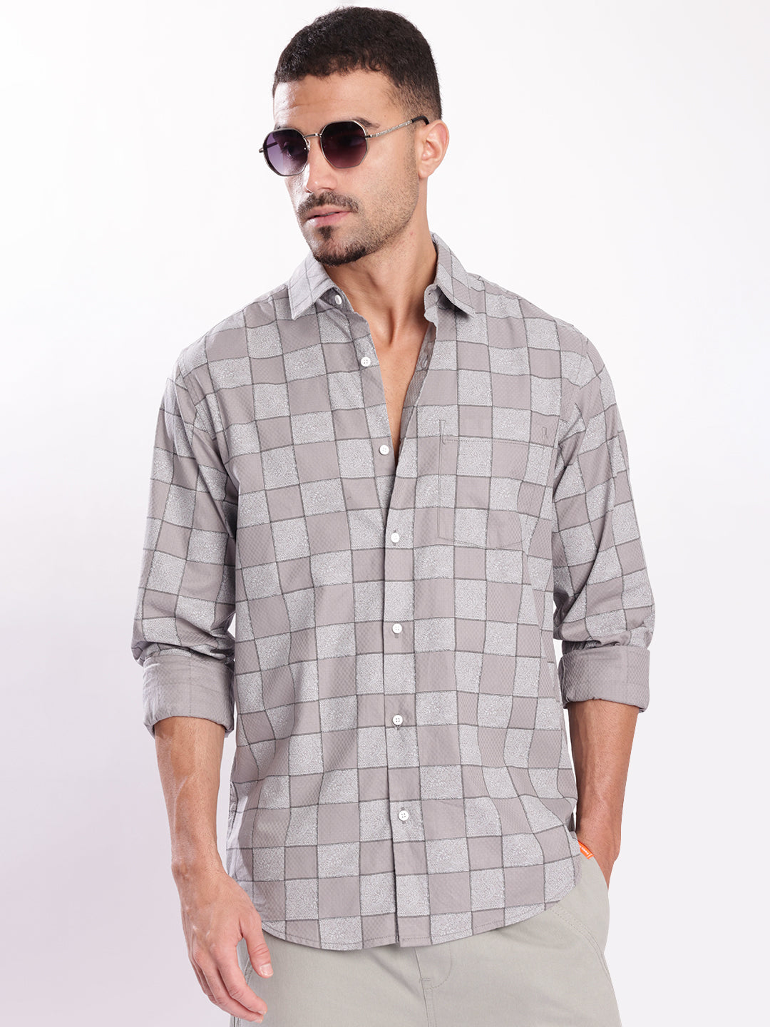 Men Grey Abstract print Single Pocket Shirt