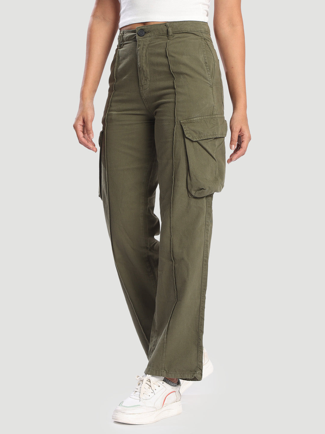 Womens cargo trouser with slanted pockets and front cut and sew till hem line
