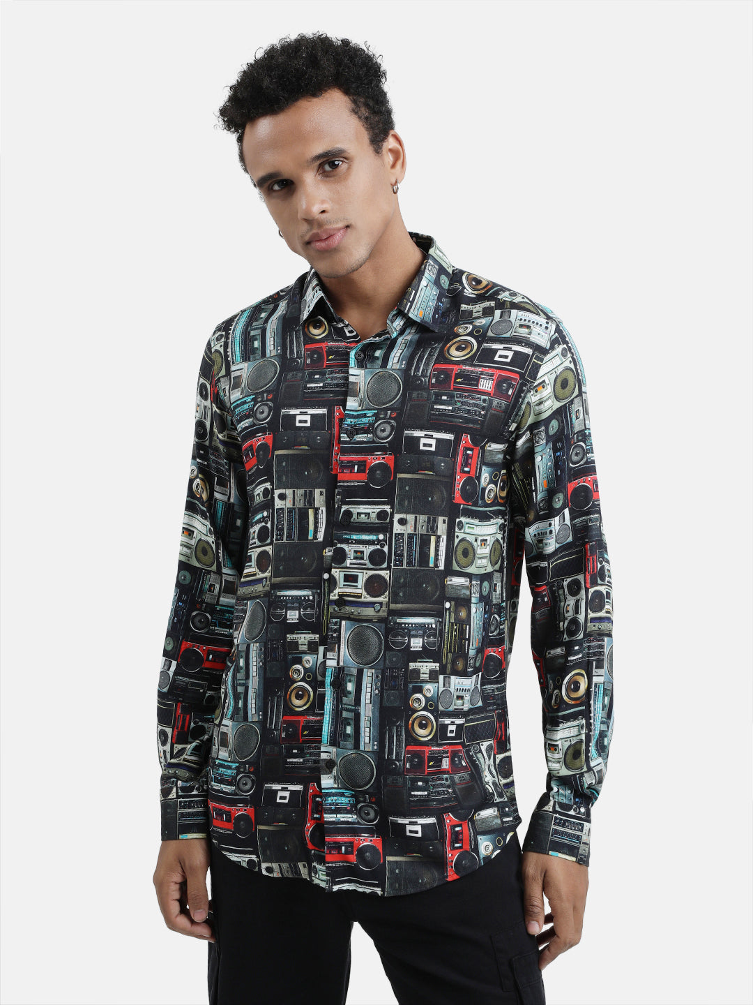 Men Black Digital Print Full Sleeves Casual Shirt