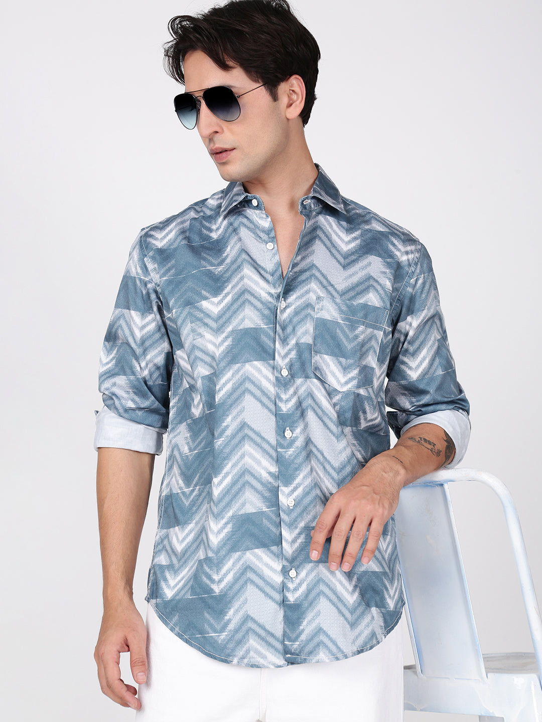 Men Blue and White Abstract Printed Shirt