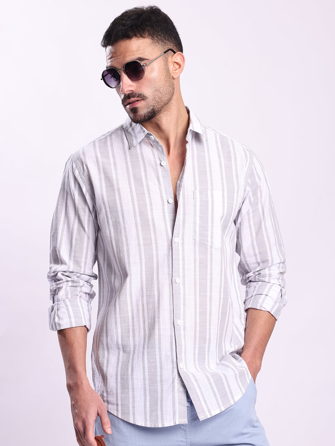 Men Grey Striped Single Pocket Shirt