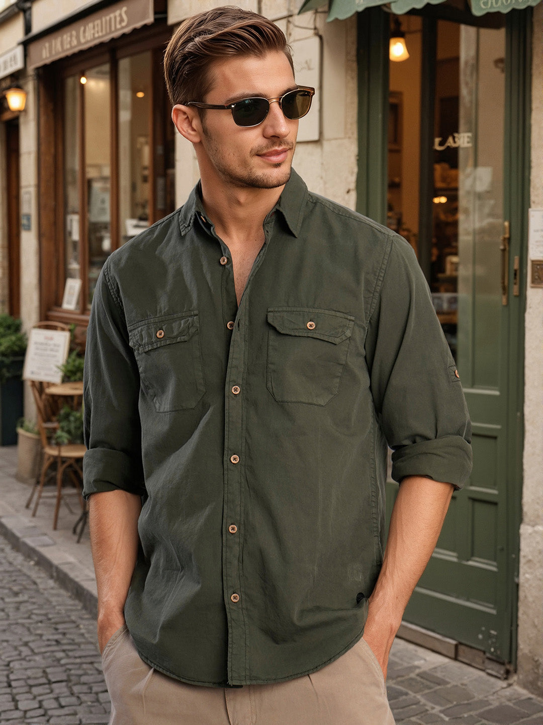 Men Green Double Pocket Shirt