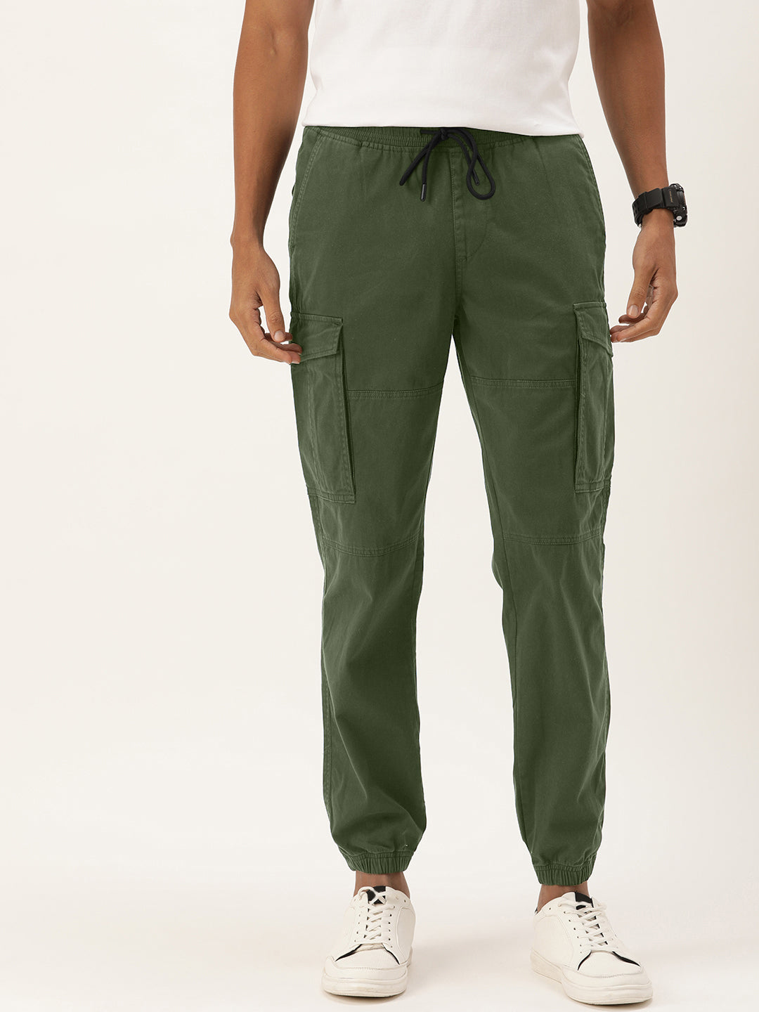 Men Deep Lichen Green Regular Fit Solid Cargo Jogger