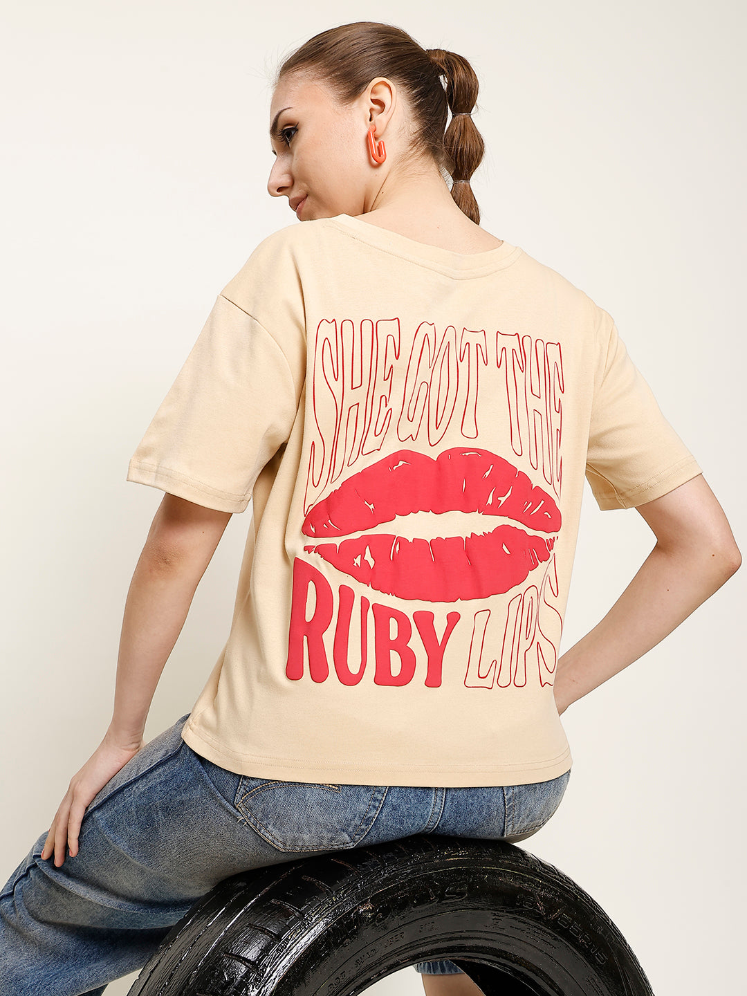 Women Beige Graphic Crop Boxy T shirt