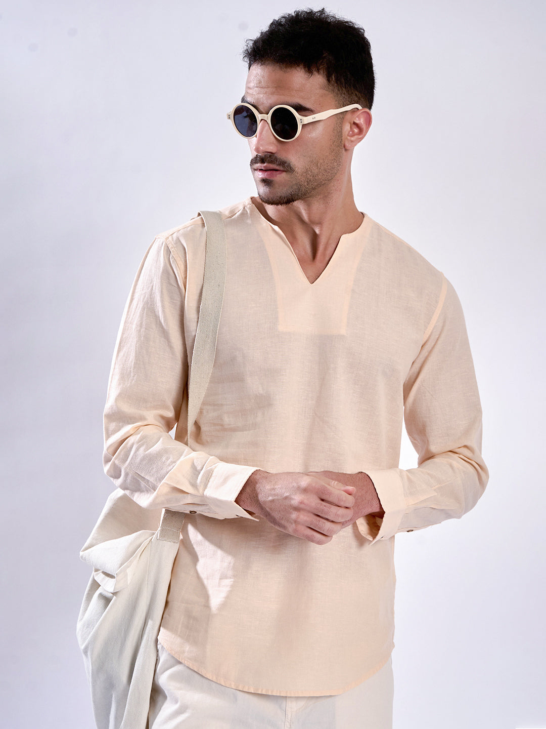 Men Peach Cotton Linen Slim fit Short Kurta