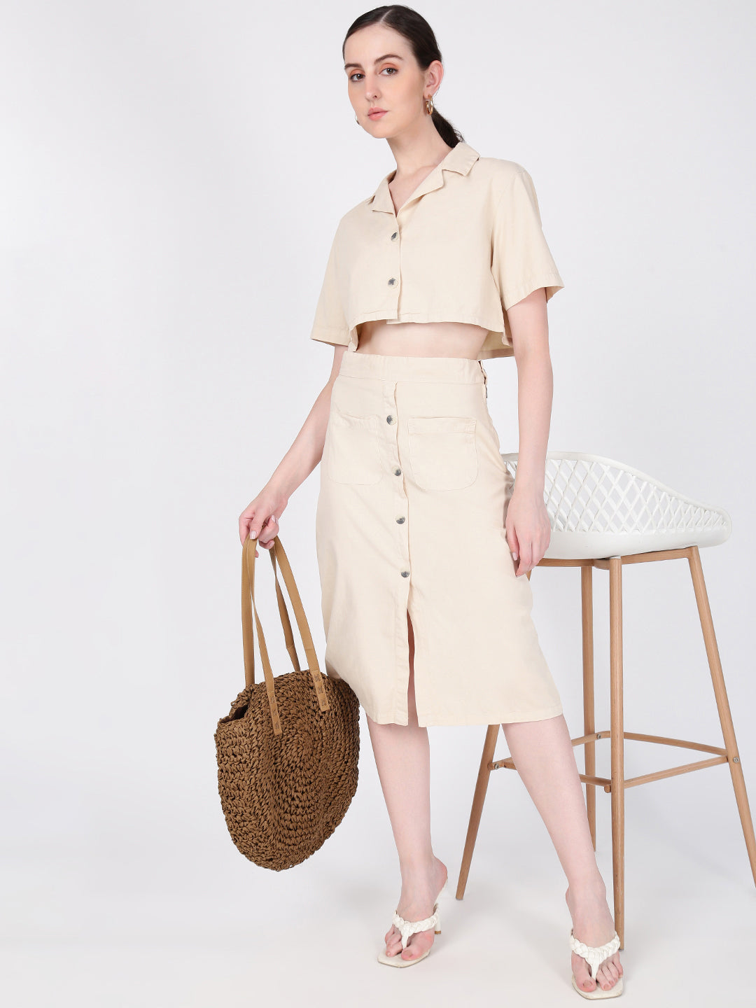 Women Peach Resort Collar Crop Shirt with Skirt Coord set