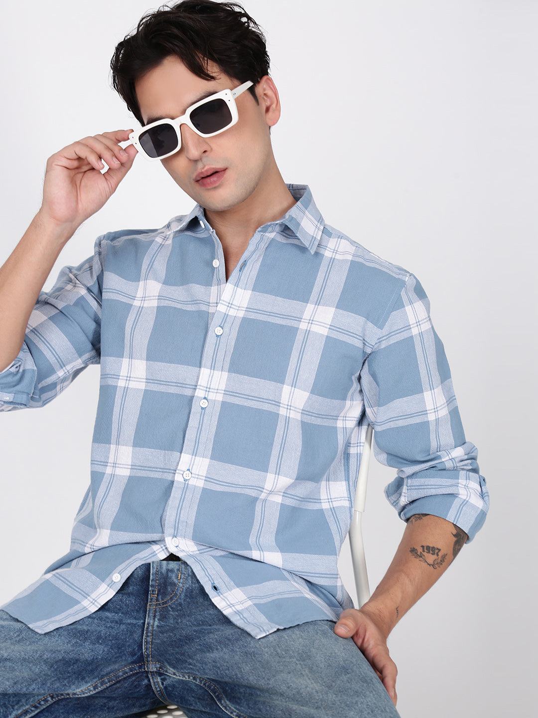 Men Blue Checked Slim Fit Textured  Shirt
