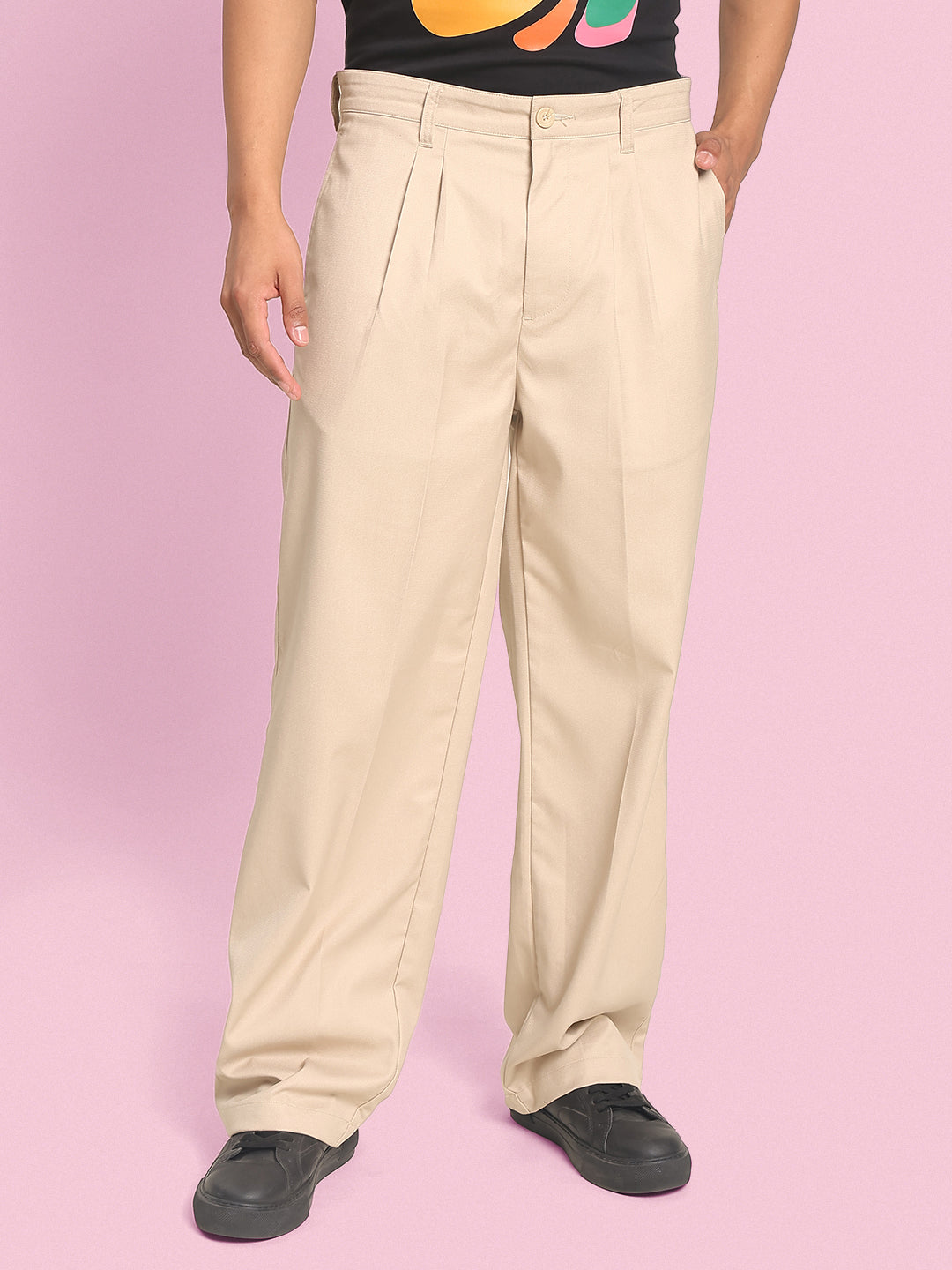 Men Cream Relaxed-fit Solid Trousers