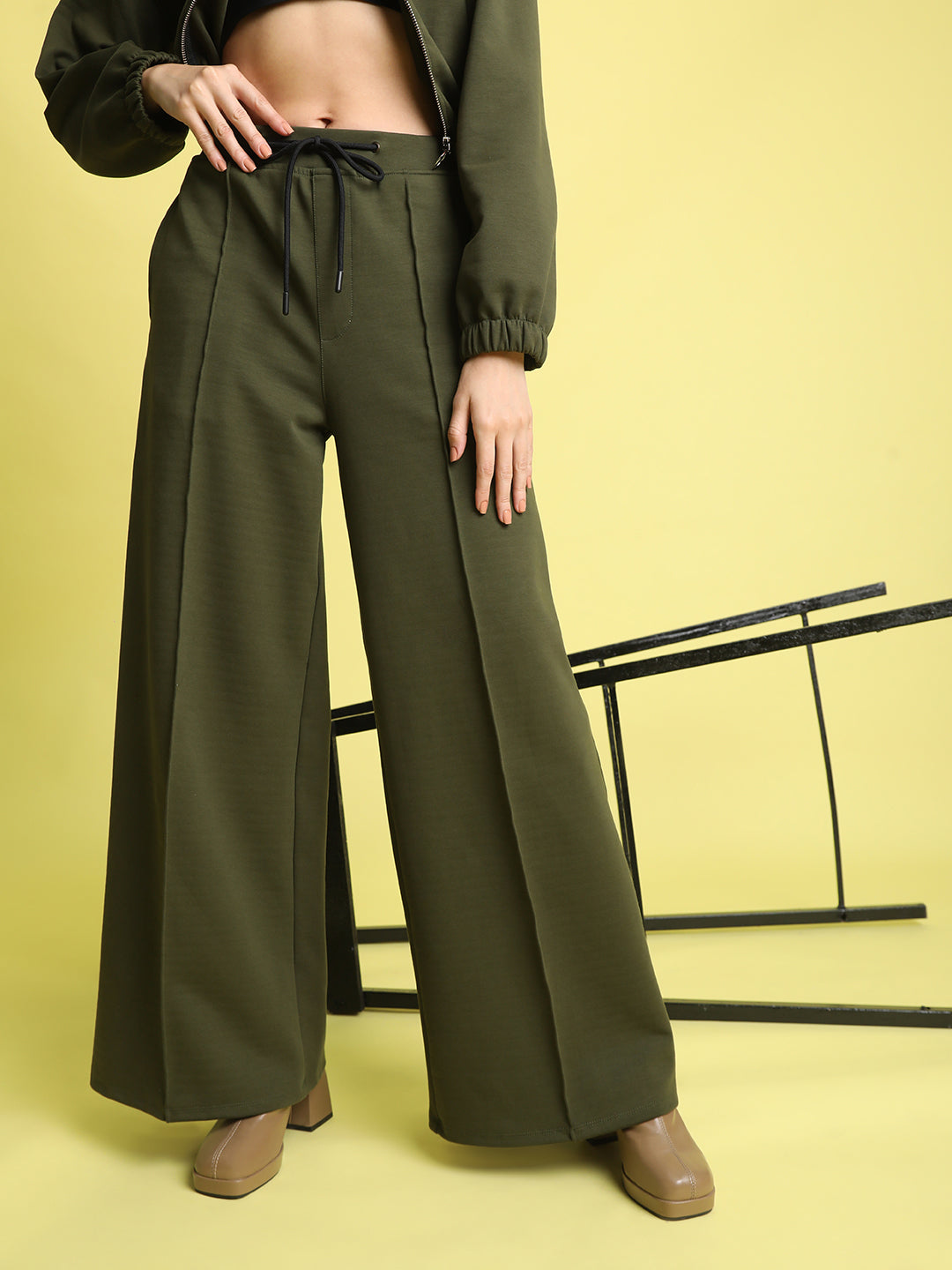 Women Olive Wide-Leg Knitted Trousers