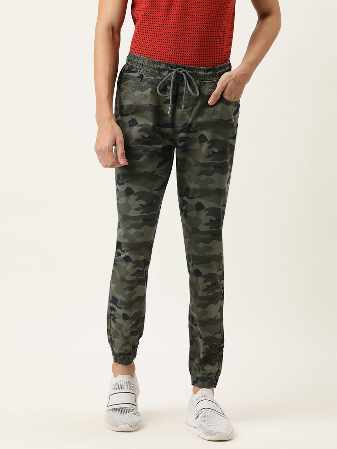 Men Olive Slim Fit Camouflage Printed Casual Jogger