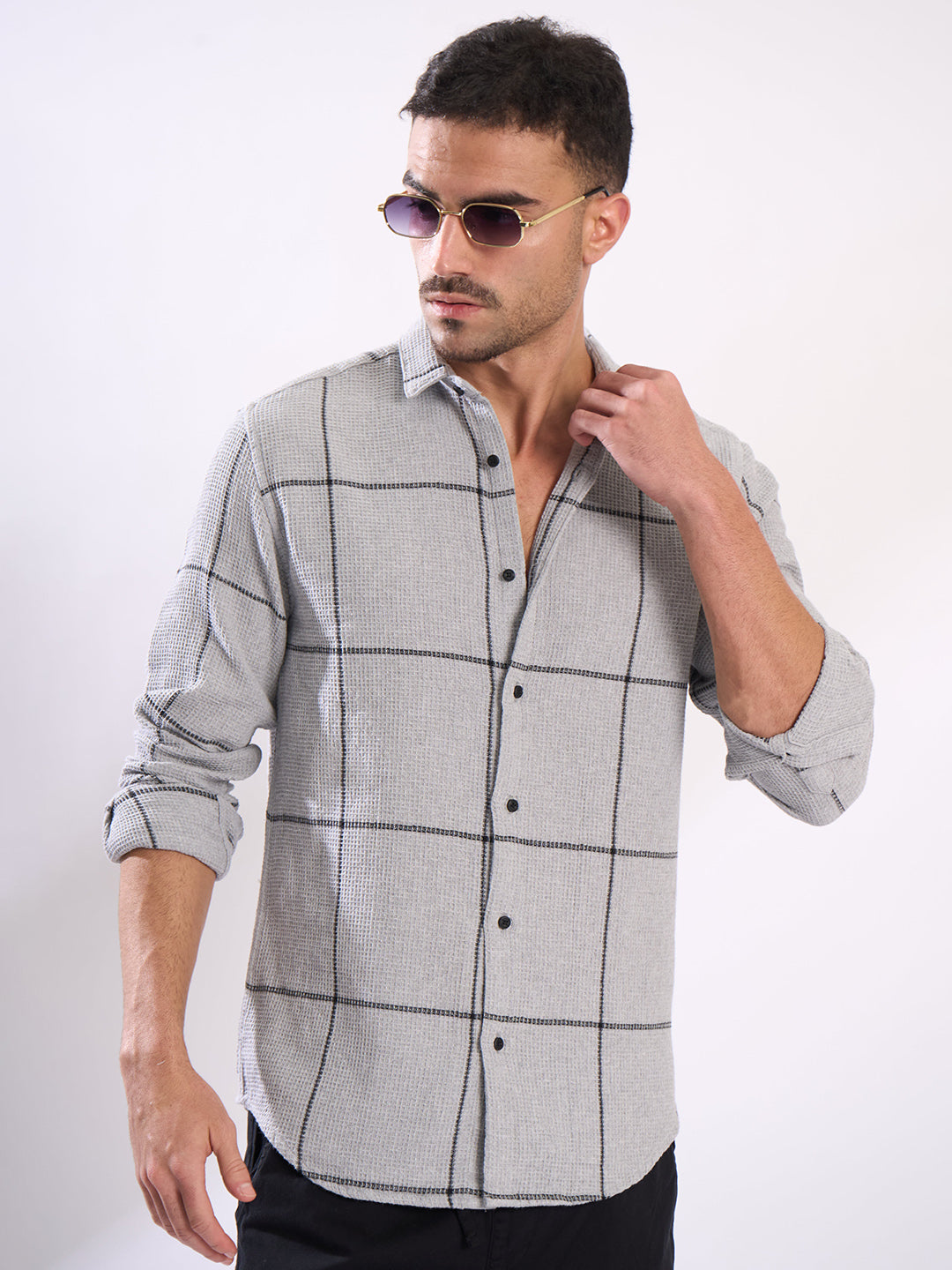 Men Grey Checked Waffle Texture Shirt